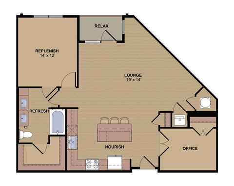 Floor plan for 1 bed, 1 bath, 1043 sqft